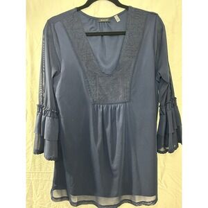 Verve Ami Blue Tunic Whimsigoth Blouse Bell Sleeve‎ Embroidered V-Neck Sz L